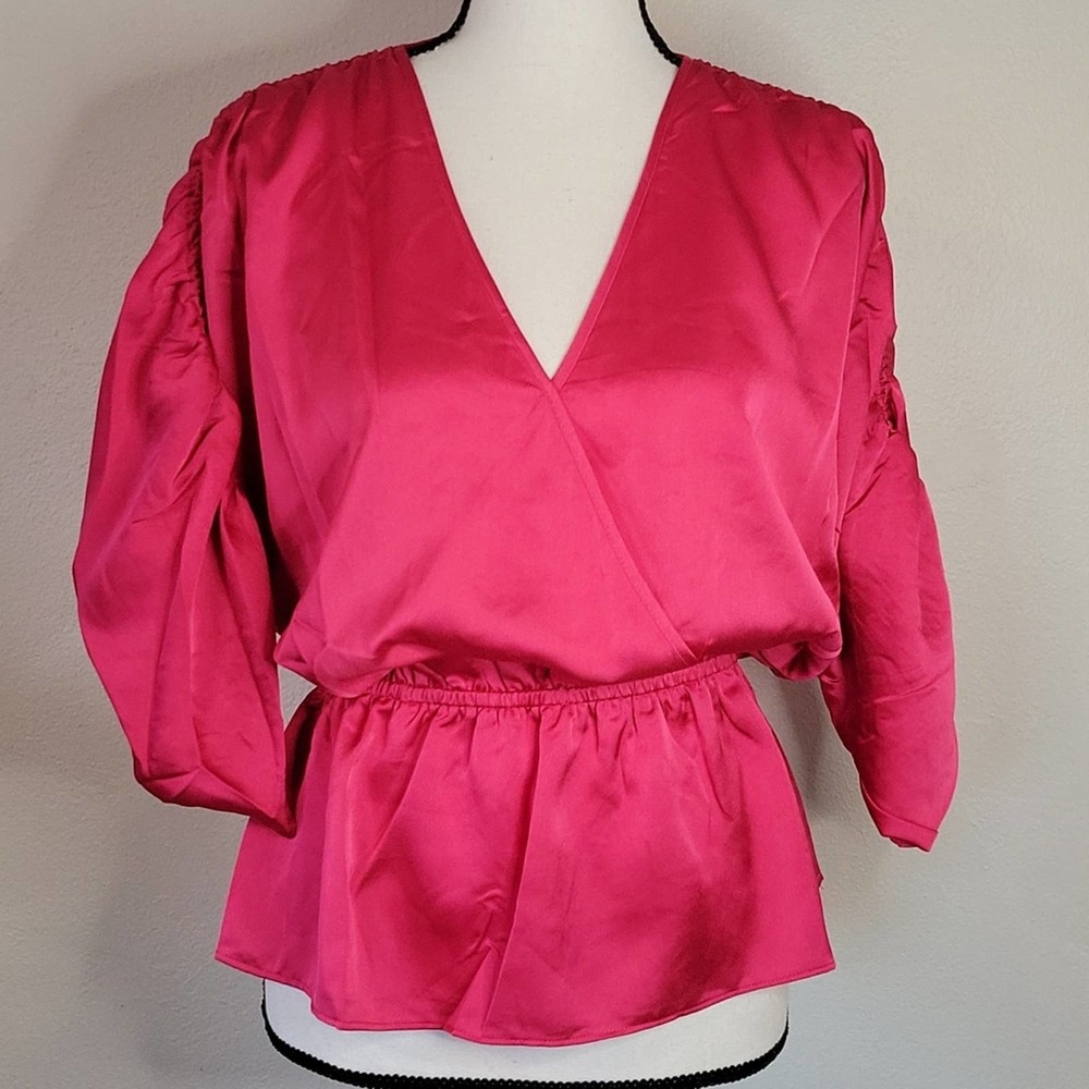 NWOT JOIE Satin Faux Wrap Ruched Dolman Sleeve peplum Blouse  Pink  Sz L, M